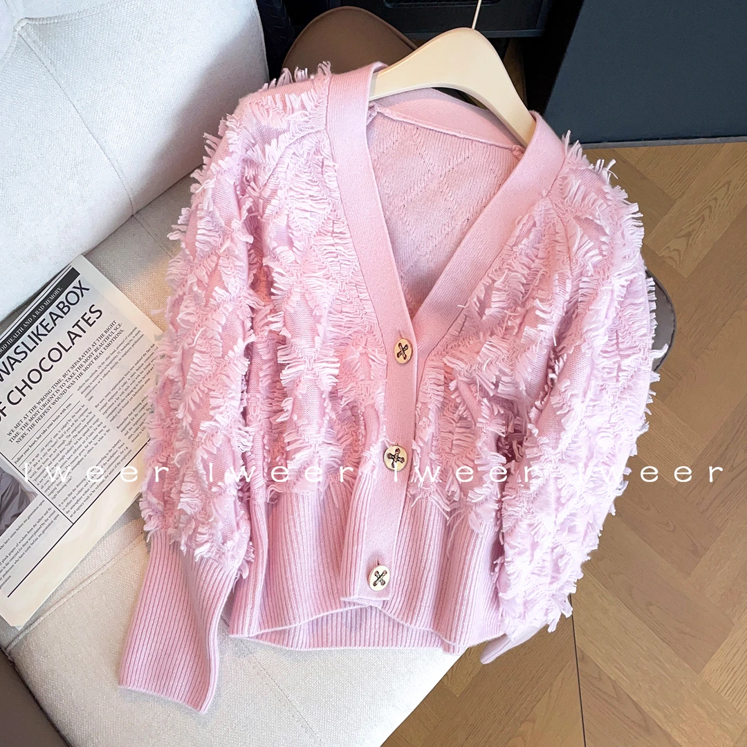 2025新款冬季温柔小香风v领流苏开衫独特漂亮厚款针织衫MAU2061