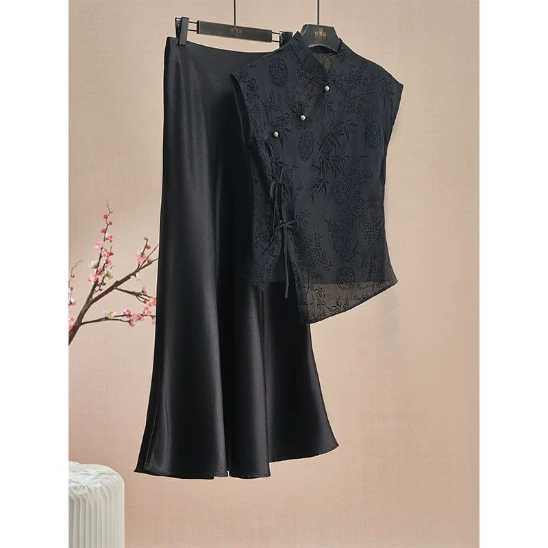 新显瘦气质黑色蕾丝提花中国风改良旗袍立领中式女两件套装半身裙