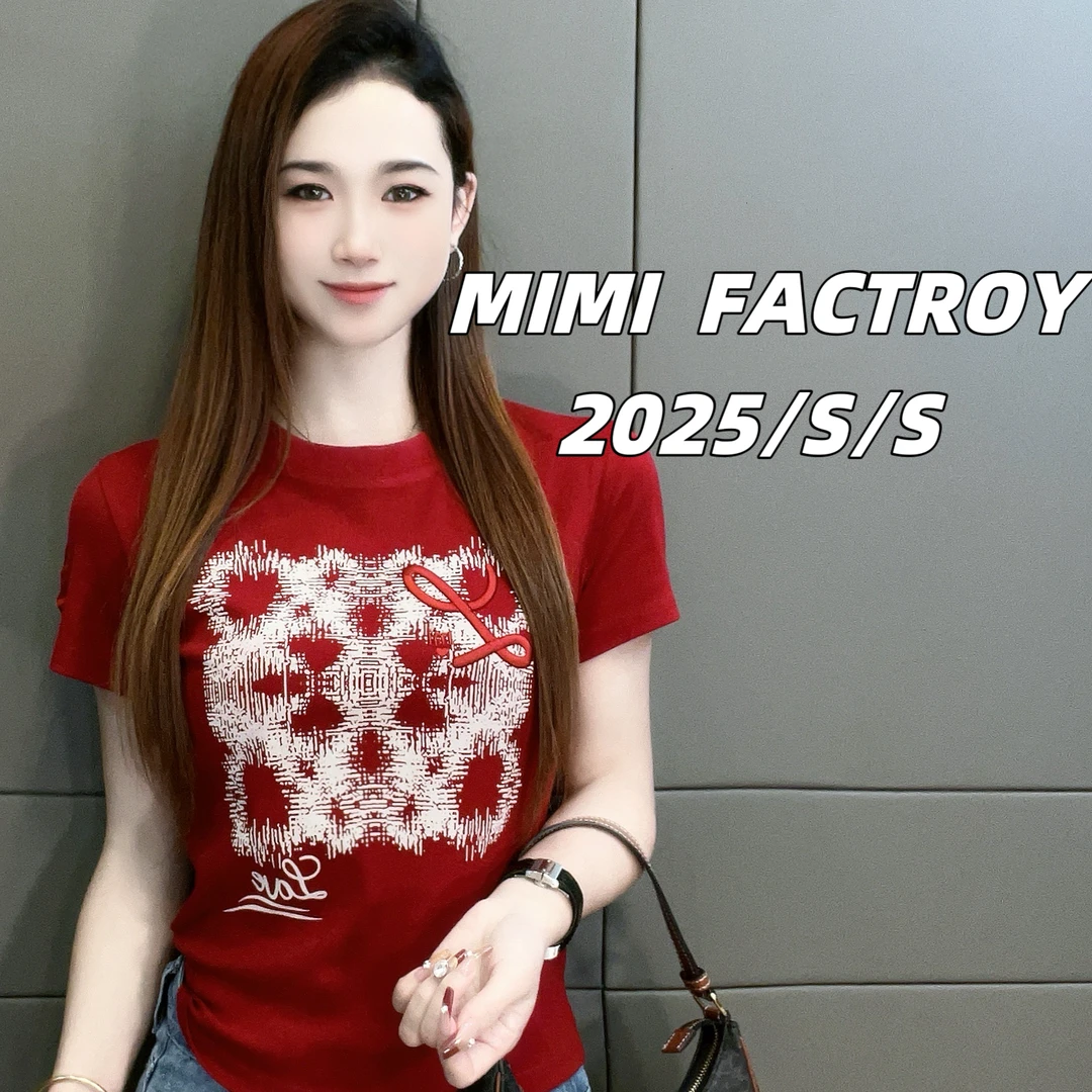 芈芈 2025新款短袖 欧货刺绣满印短袖T恤女修身显瘦上衣2301#