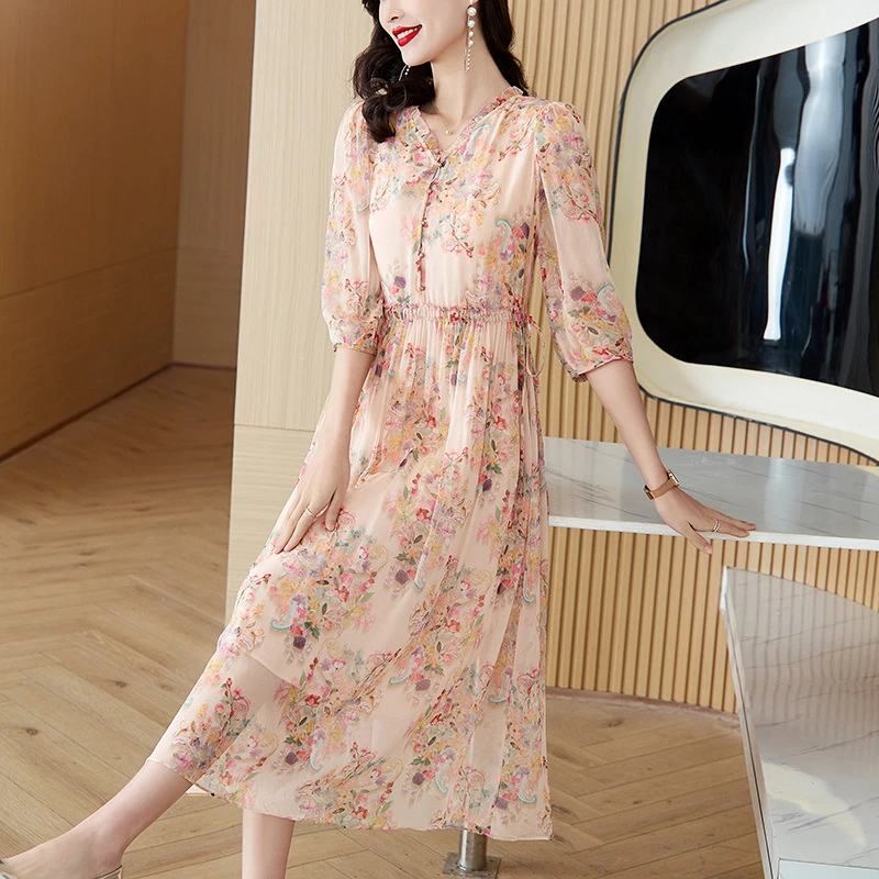 品牌真丝连衣裙女2024年夏季碎花七分袖高级感气质重磅桑蚕丝长裙