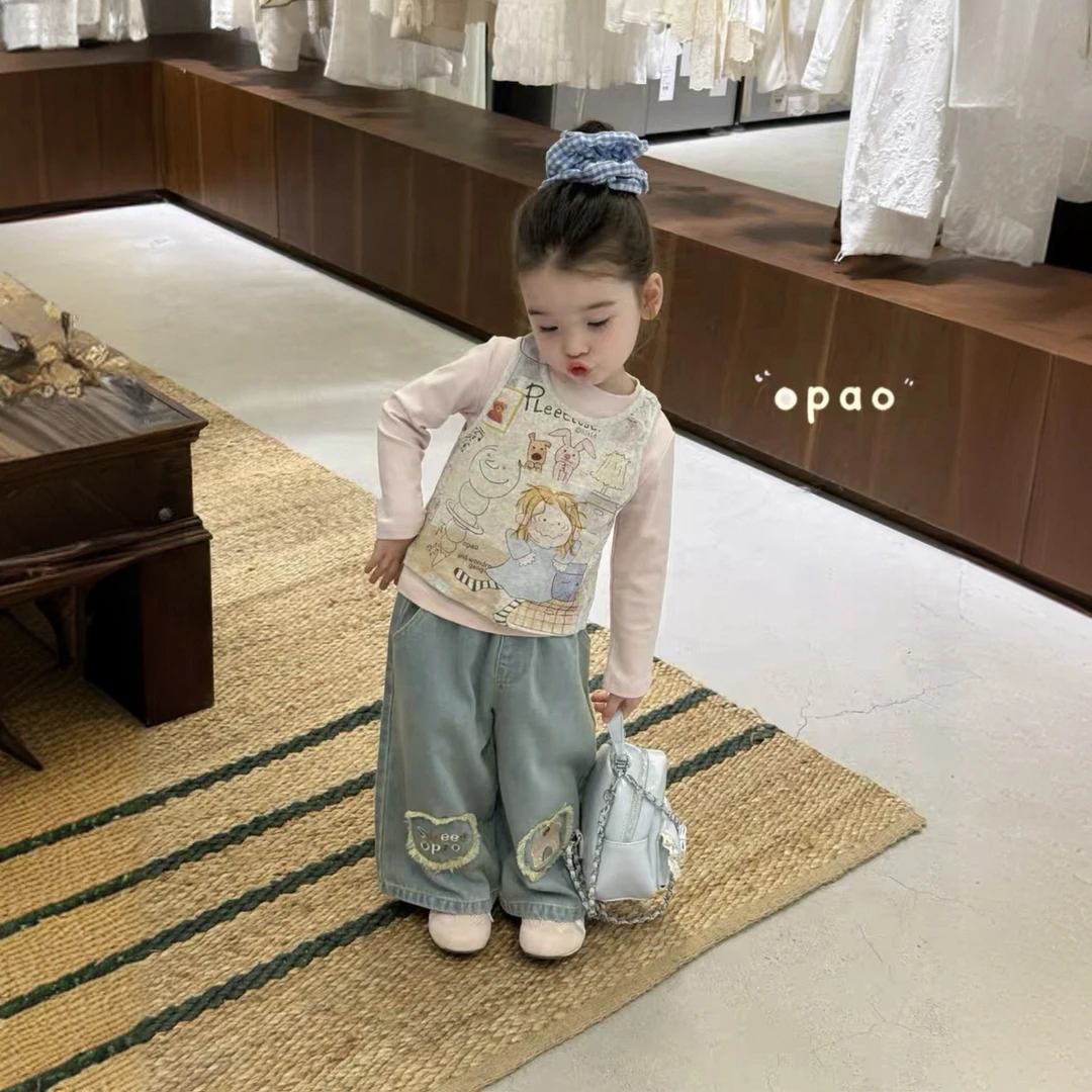 女童套装2025秋冬韩版宝宝可爱粉色长袖T恤背心两件套直筒牛仔裤
