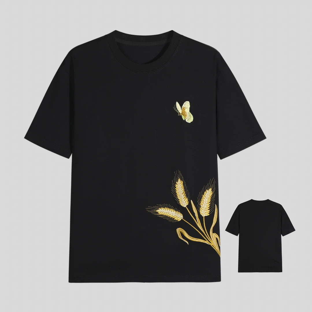 【花1】春夏季蛇年国风短袖蝴蝶麦子刺绣T恤 y340