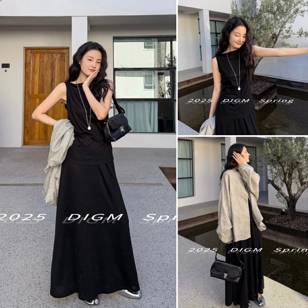 L-19342#高级感纯色小衫+高腰显瘦直筒半身裙套装(手洗有弹力)