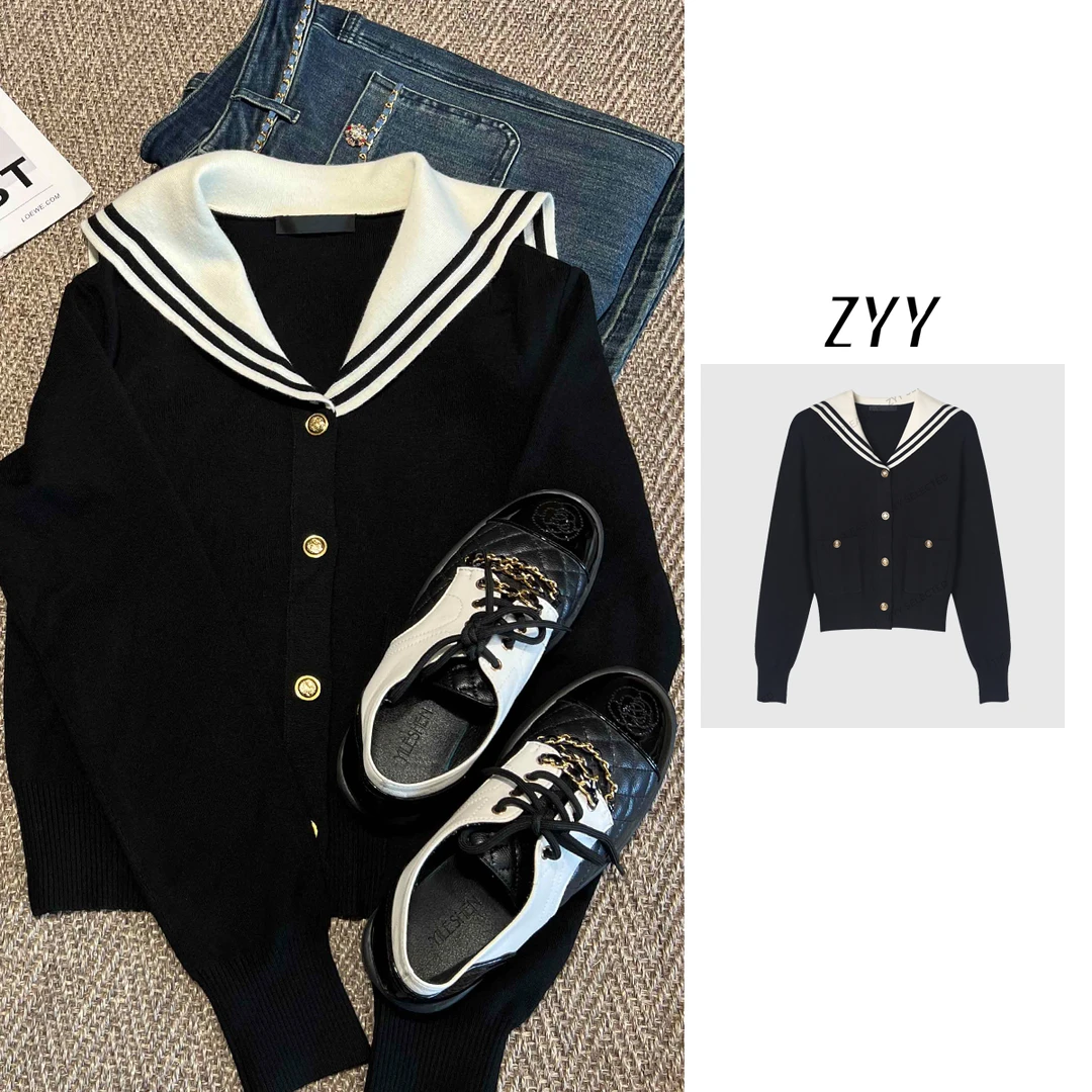 ZYY【伦敦手记】2025/S新品减龄撞色海军领针织开衫女X25QZZ03596