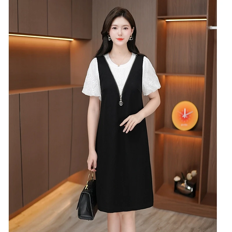 2025夏季新款连衣裙拼色泡泡袖气质小黑裙蝴蝶结后背设计感中长裙