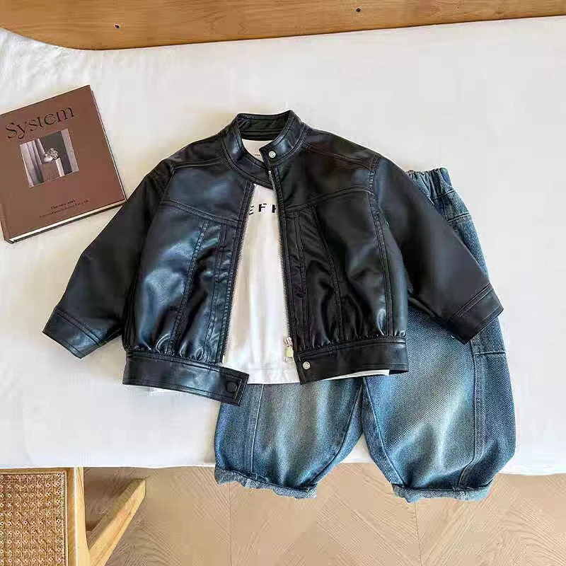 男童皮衣外套2025新款春季时尚复古夹克衫网红潮酷中大童洋气外套