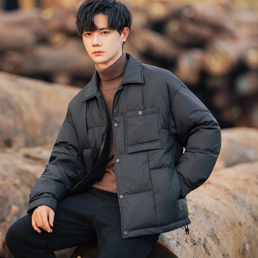 面包服羽绒服男加厚保暖2025冬季新款青年90白鸭绒翻领短款外套潮