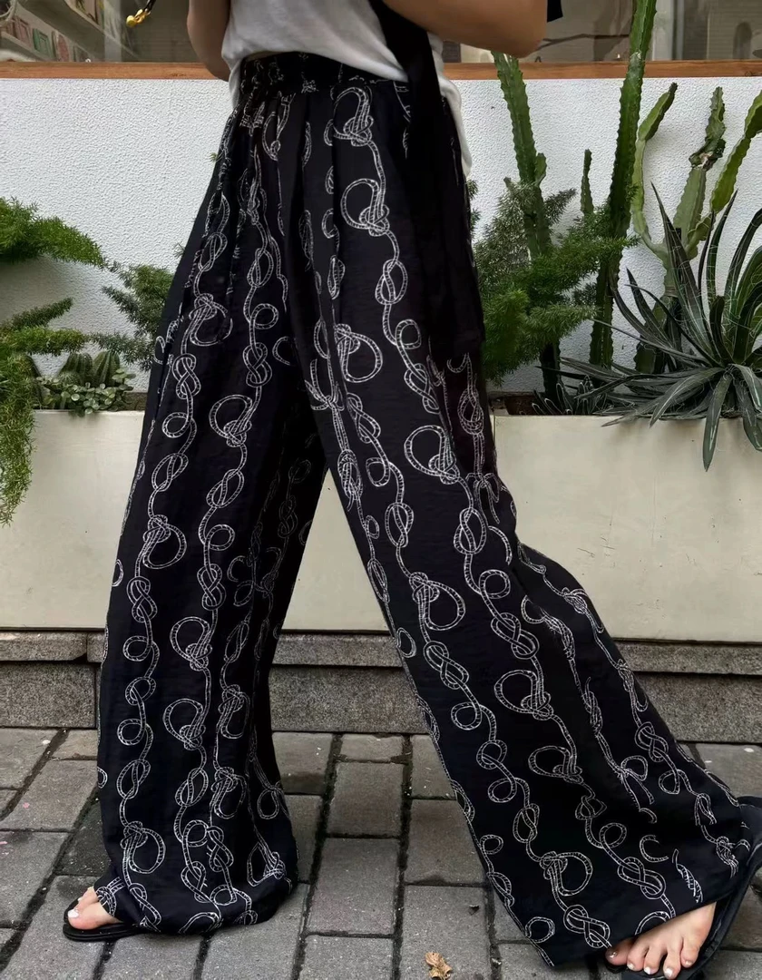 欧洲站2025年夏季抽绳麻料直筒裤女链条印花休闲长裤子女