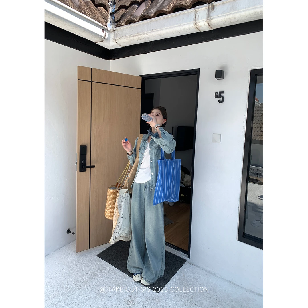 外卖到了【海岸线】春季水洗韩版宽松女款牛仔套装WM4LNZ11