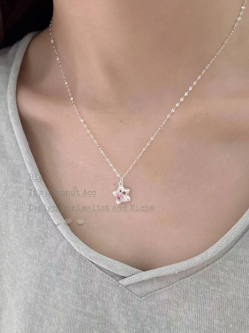 坠链均925银锆石 「椰饰」韩系春夏925纯银花花粉锆小众设计感项链