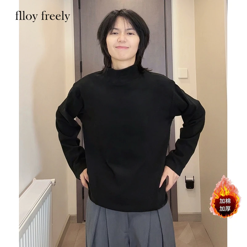 秋季新款保暖德绒半高领百搭加绒长袖男上衣套头纯色情侣打底衫