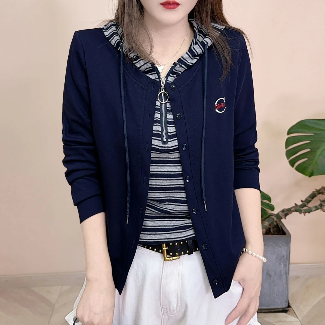 2025早秋新品时尚百搭修身显瘦假两件连帽卫衣女士长袖上衣8124