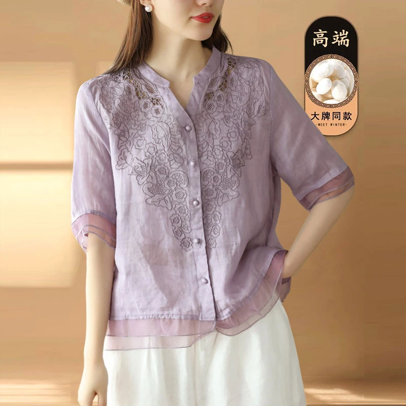 夏季时尚新款复古双支亚麻刺绣衬衫拼接欧根纱短袖上衣气质衬衣女