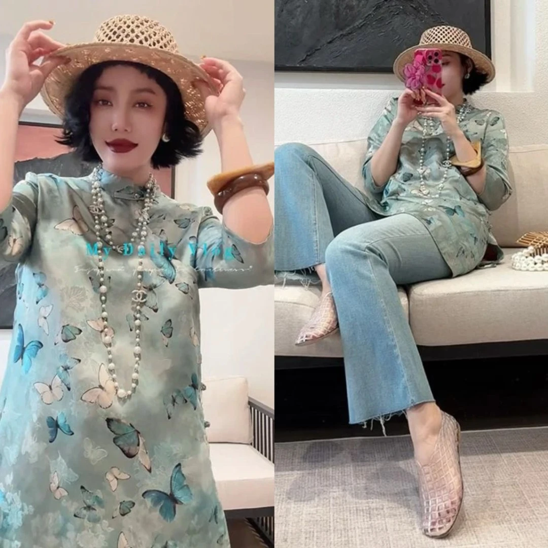 新中式国风盘扣立领蝴蝶印花衬衫欧货2025夏季新款轻奢中长款上衣