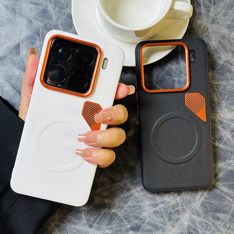 适用小米17promax手机壳潮牌皮纹小米15pro/14保护套磁吸金甲散热