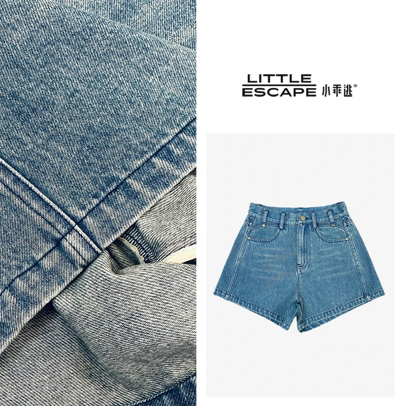 小乖逃X高腰蓝色牛仔短裤双口袋蓝精灵直筒裤线条短裤 S25245