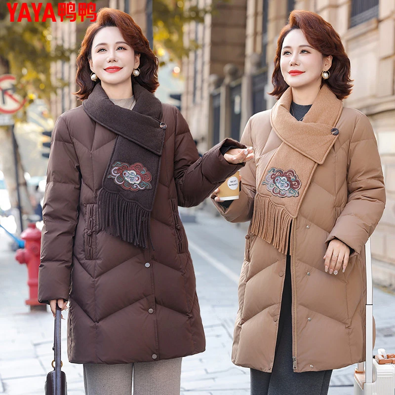 YAYA/鸭鸭妈妈装冬季蓬松羽绒服中长款中老年加厚保暖鸭绒羽绒女