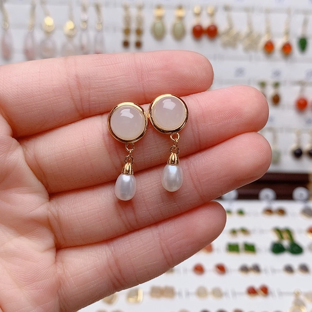 和田玉银S925镶嵌耳饰