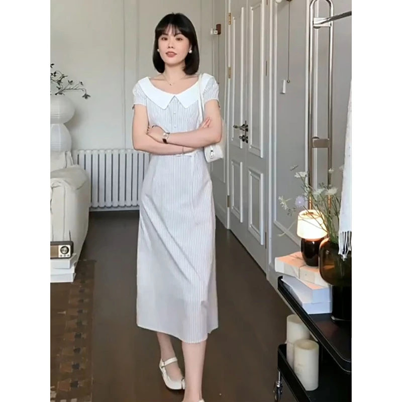 法式时尚条纹短袖连衣裙女夏季新款爆款撞色拼接娃娃领中长款裙子