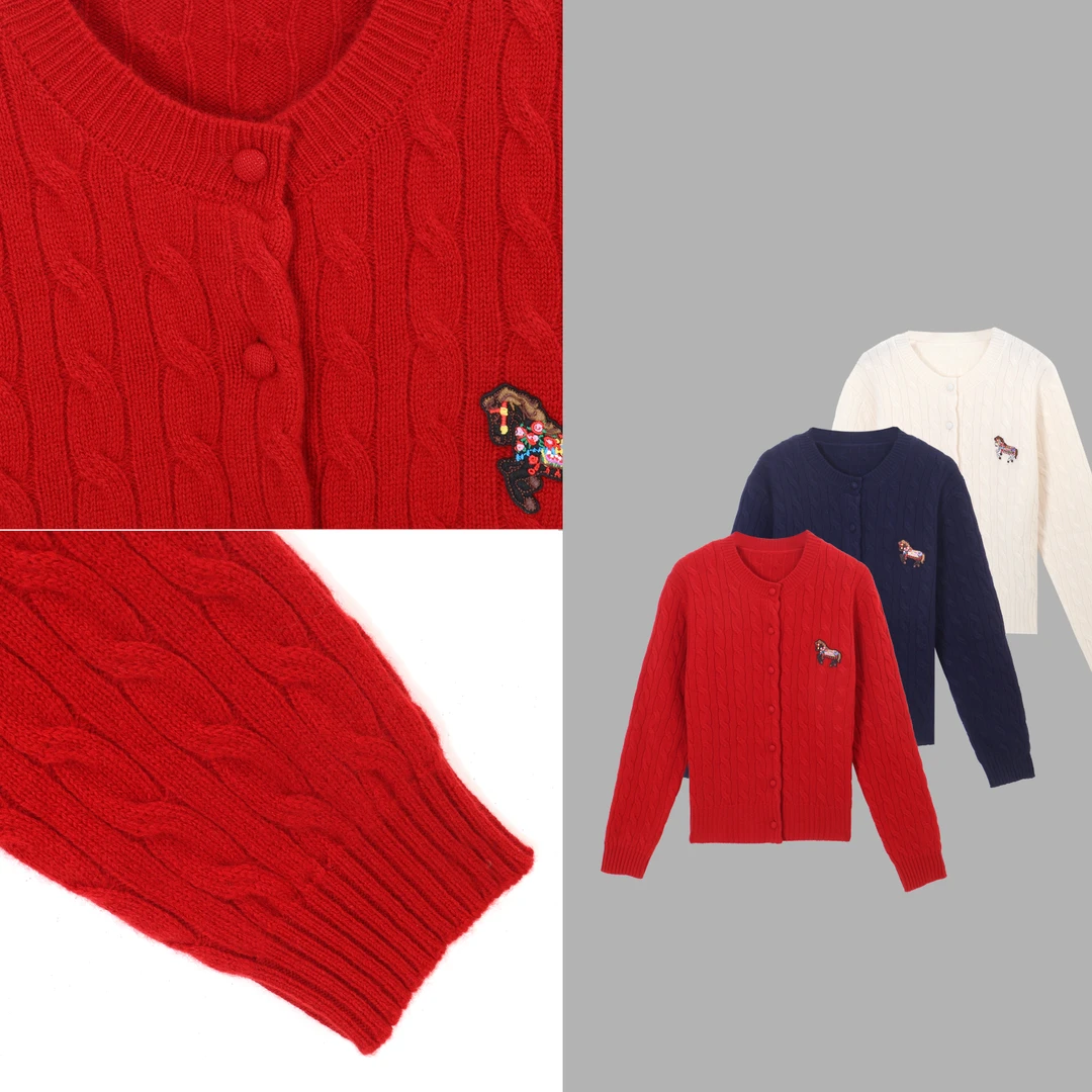 3939#彩色小马刺绣单排扣麻花开衫外套