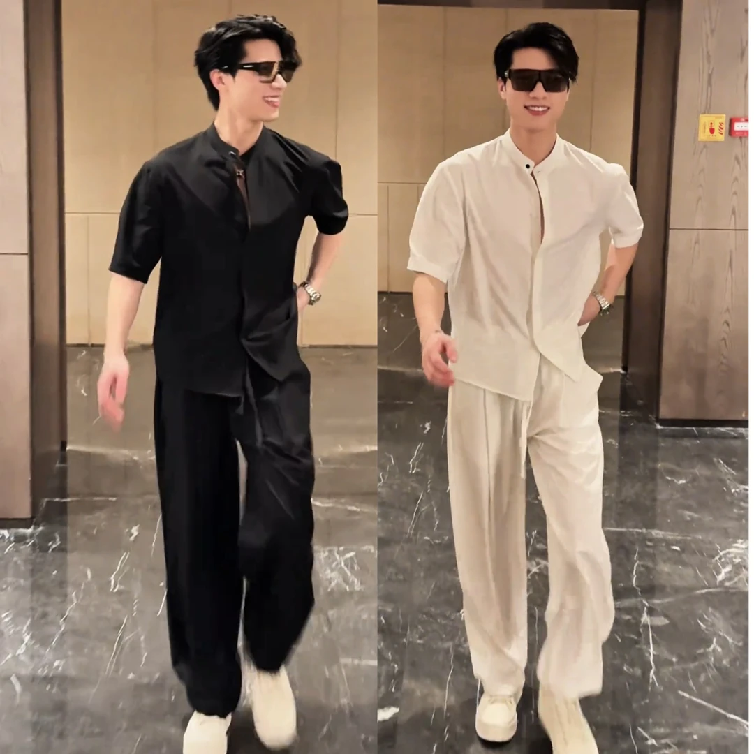 【百象服饰】立领轻薄夏季男士凉感速干纯色短袖衬衫长裤休闲套装
