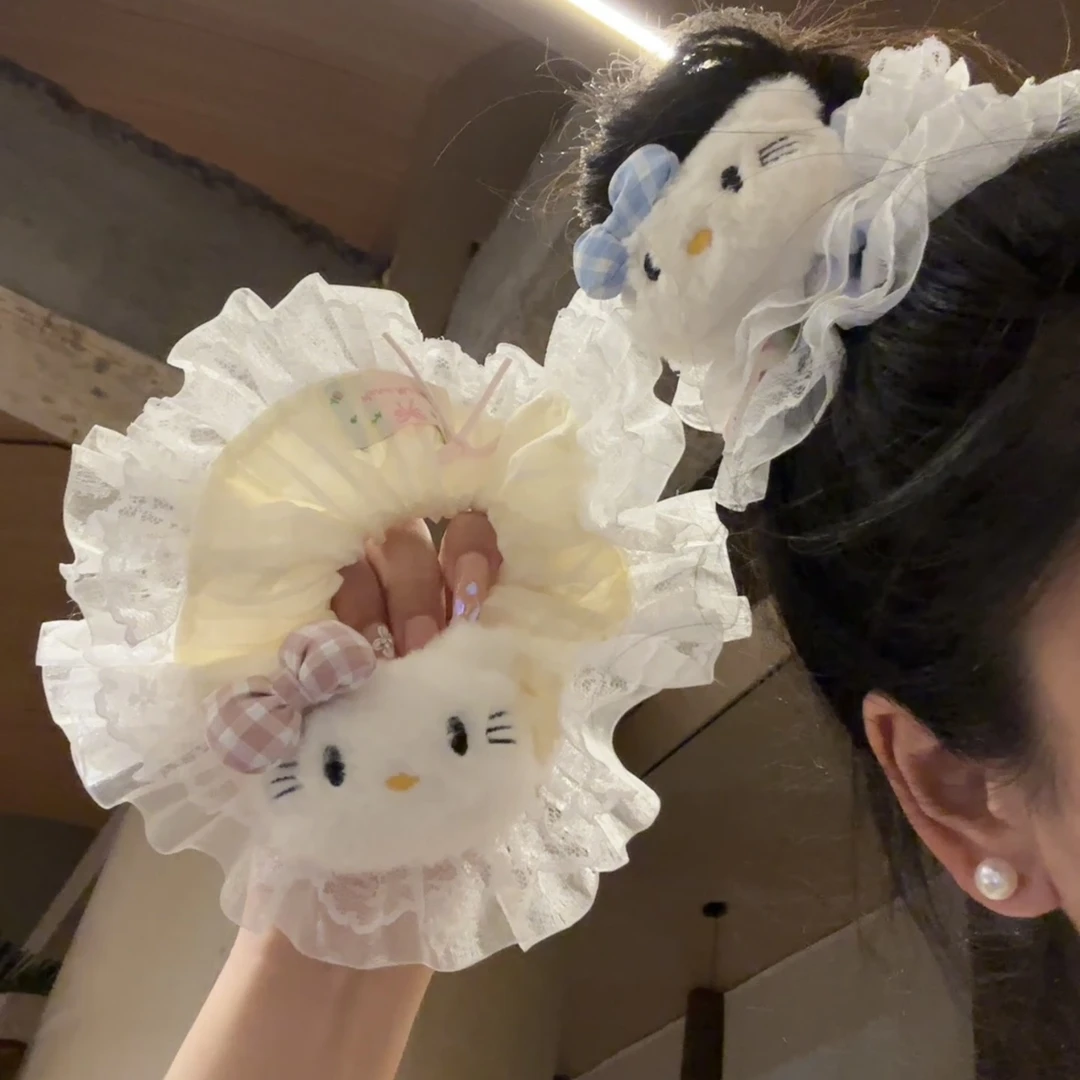 超可爱kt猫蕾丝花边发圈~真的太甜了2025少女搭配公仔大肠发圈