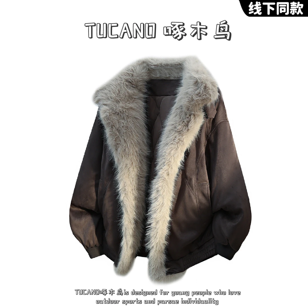啄木鸟复古仿毛皮加厚棉衣男女款冬季宽松百搭高级感毛领保暖外套