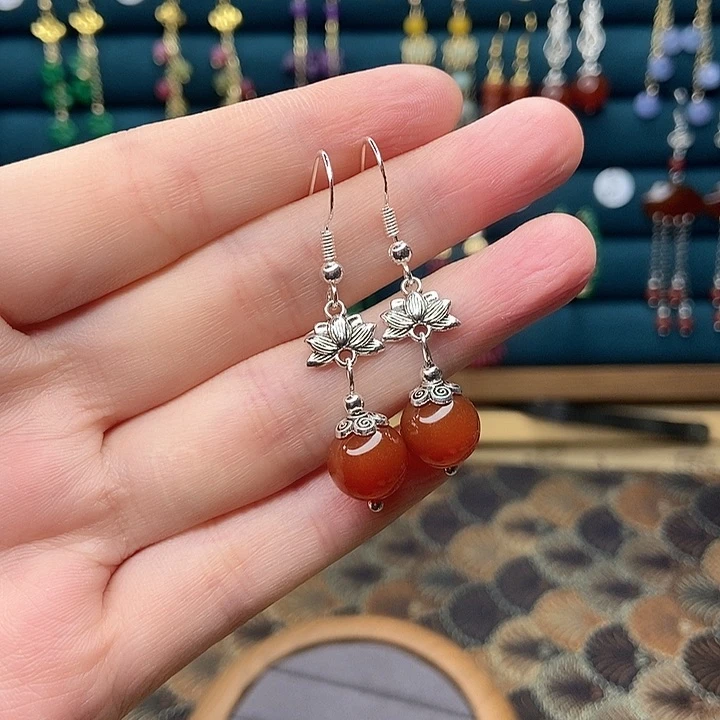 石英质玉耳钉银S925镶嵌