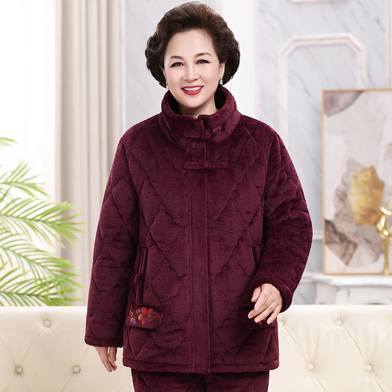 冬季中老年人珊瑚绒女加绒加厚妈妈保暖家居服奶奶婆婆睡衣棉袄