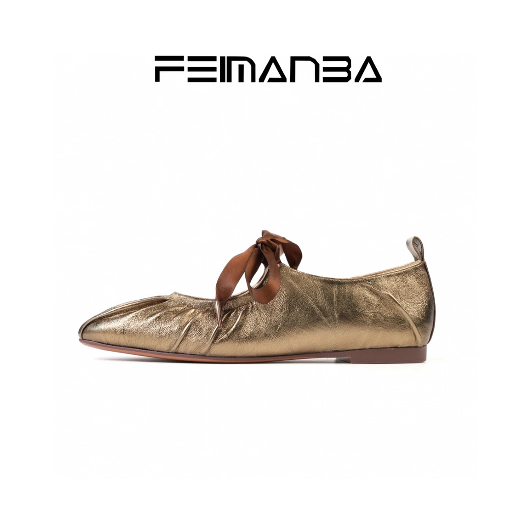 FEIMANBA “仙女姐姐” 法式褶皱蝴蝶结玛丽珍女鞋 平底羊皮单鞋