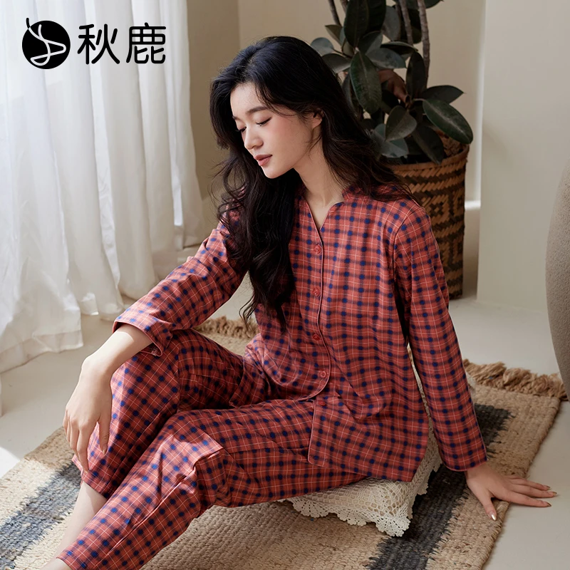 秋鹿针织棉氨印花V领长袖长裤秋季时尚格子女套