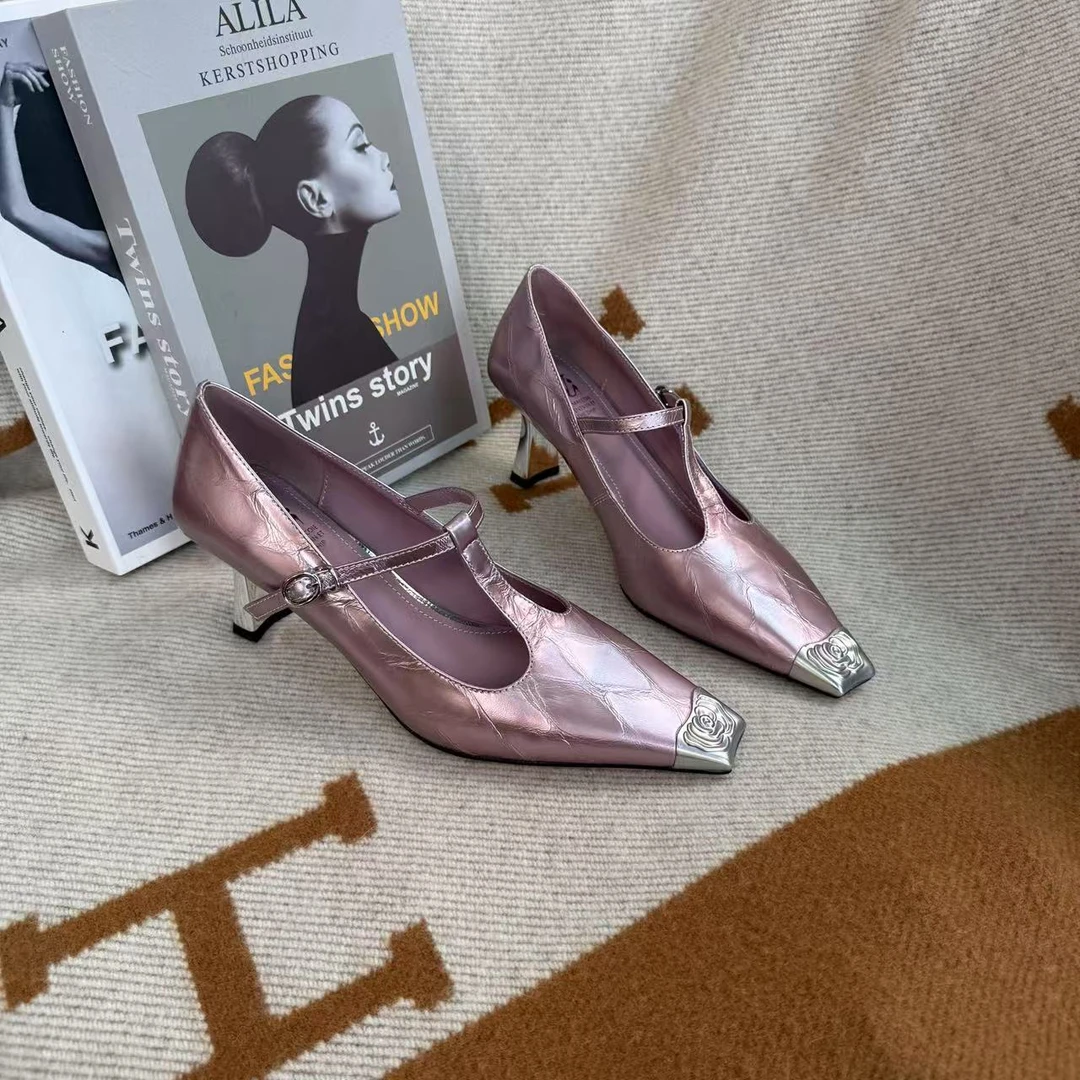 Van Gerch跟高7CM牛羊皮金属方头印花高级时尚高跟通勤单鞋买1赠3