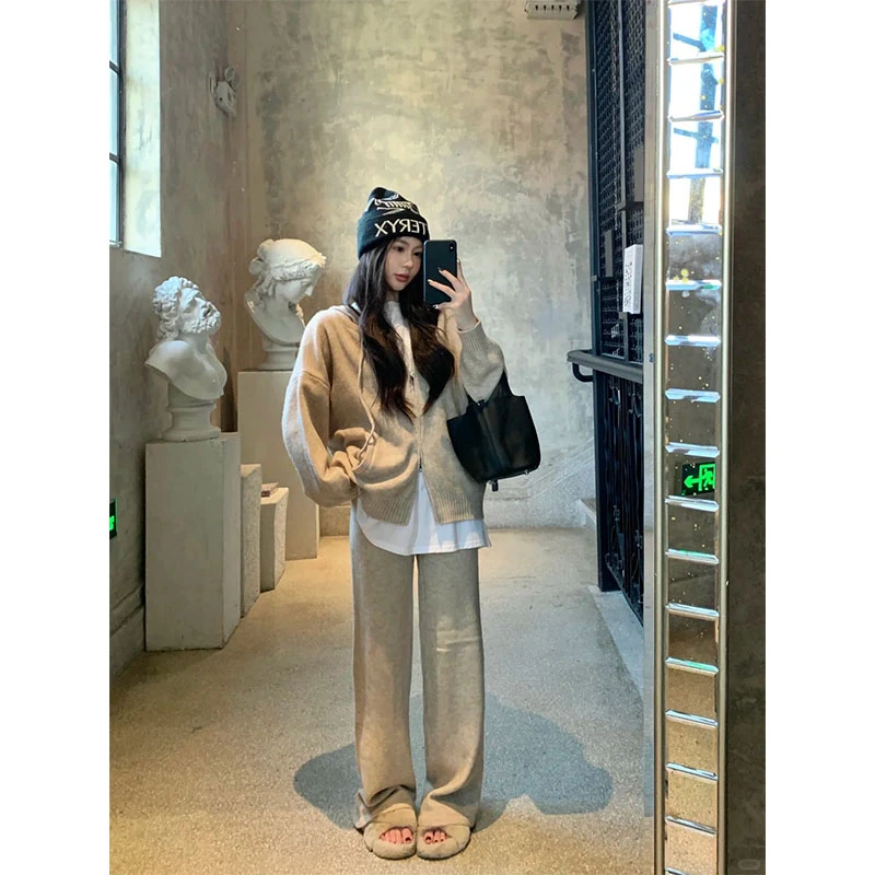韩系休闲连帽针织衫套装女2025秋冬季新款宽松显瘦阔腿长裤两件套