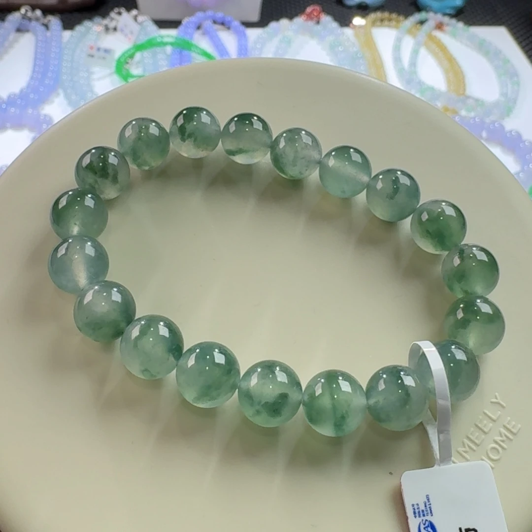 翡翠手链未镶嵌高冰海草绿花卡9.8行家料力推