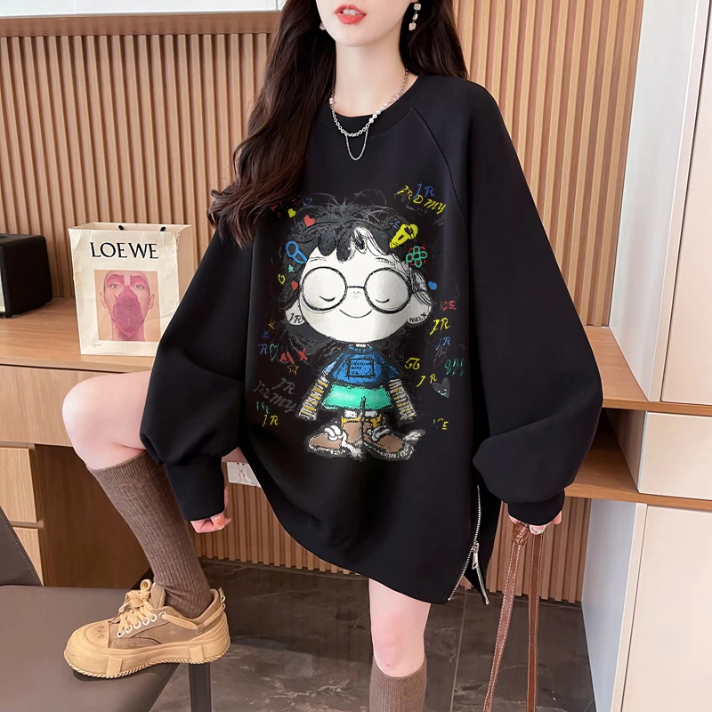 设计感前短后长卫衣女秋冬爆款韩版时尚宽松休闲百搭加绒卡通上衣