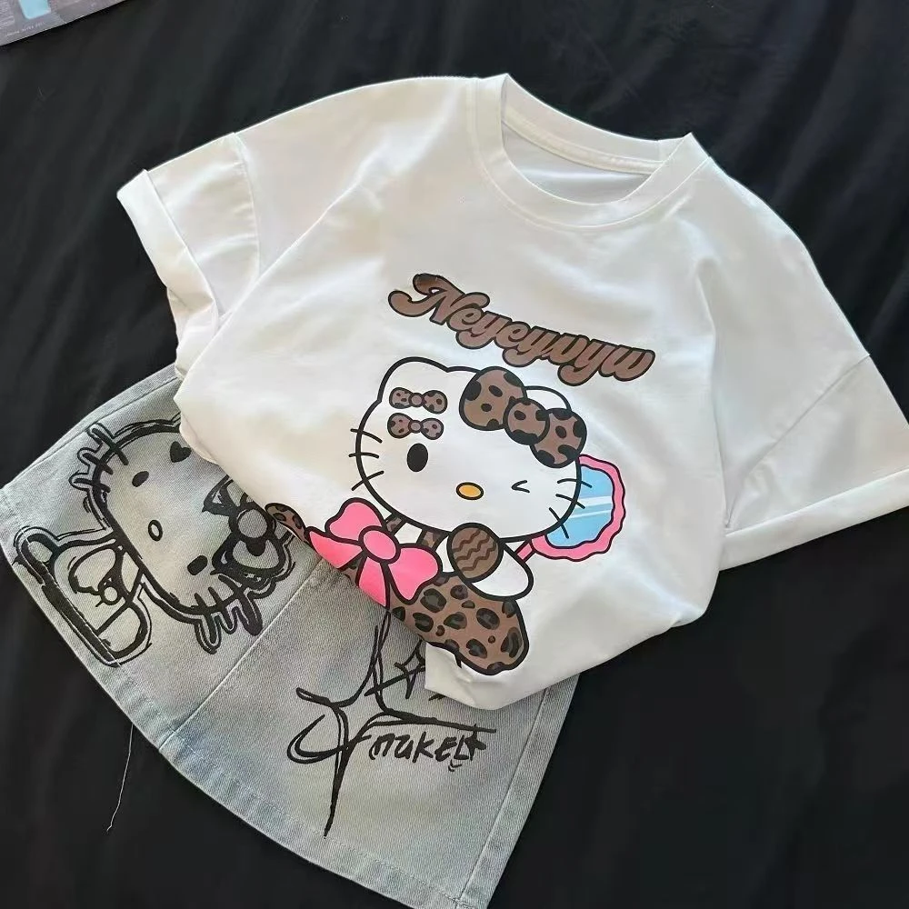 女童夏季卡通印花套装2025新款短袖T恤牛仔裙裤洋气休闲两件套