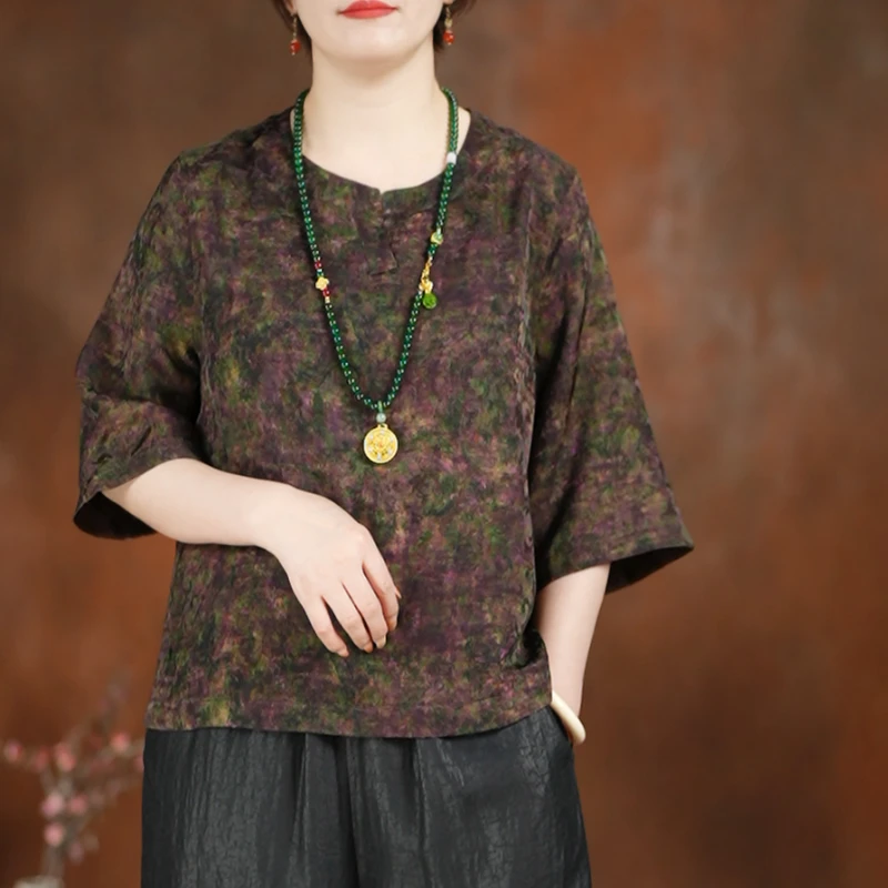 迷蝶·香云纱双面穿上衣真丝100桑蚕丝宽松复古休闲七分袖上衣