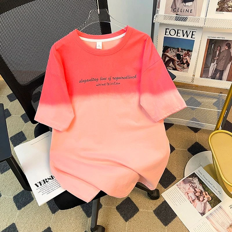 夏季大码渐变短袖T恤女韩版小众ins时尚印花百搭纯棉显瘦休闲上衣