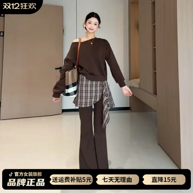 2025新款韩系高级感穿搭一整套女早秋季运动休闲斜肩卫衣两件套装