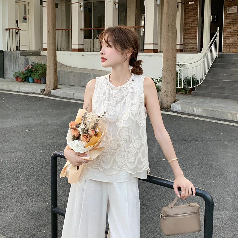 重工提花刺绣洋气减龄无袖蕾丝衬衫背心阔腿裤两件套2025春夏套装