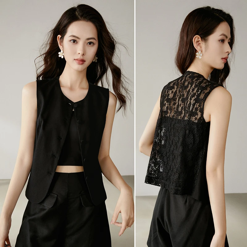 晚白【新品】2025早秋内搭单穿背部蕾丝马夹女25031401