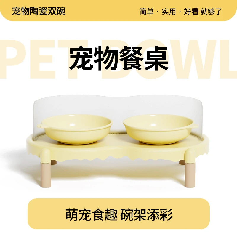 爆款泡泡猫碗架陶瓷猫碗狗狗碗猫食盆双碗可爱餐盘防外溅不易打翻