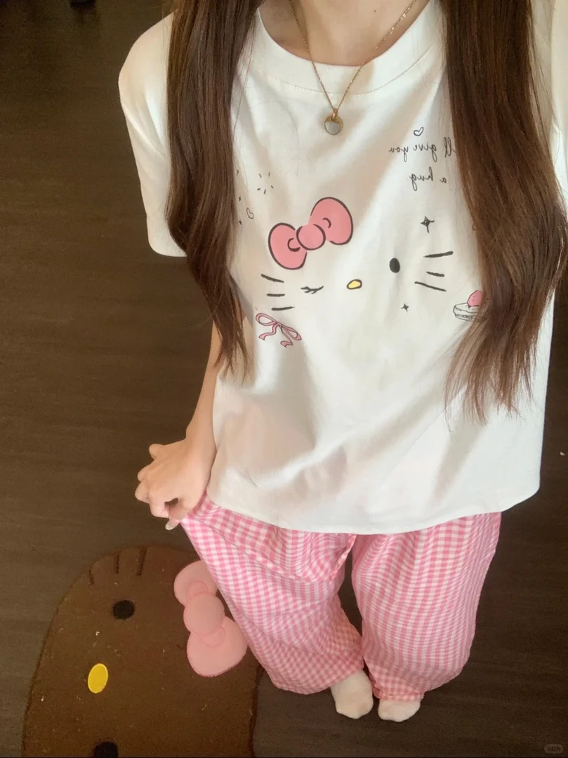 韩系凯蒂猫睡衣女士夏日网红风卡通2025新款短袖长裤家居服套装
