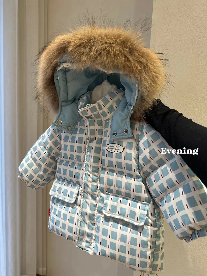 【CC】蓝白格毛领羽绒服 0337
