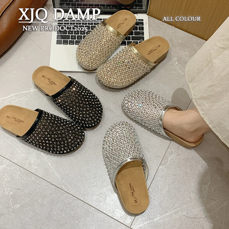 绝美半拖鞋女夏外穿2025新款一脚蹬水钻穆勒鞋配裙子网面透气网鞋