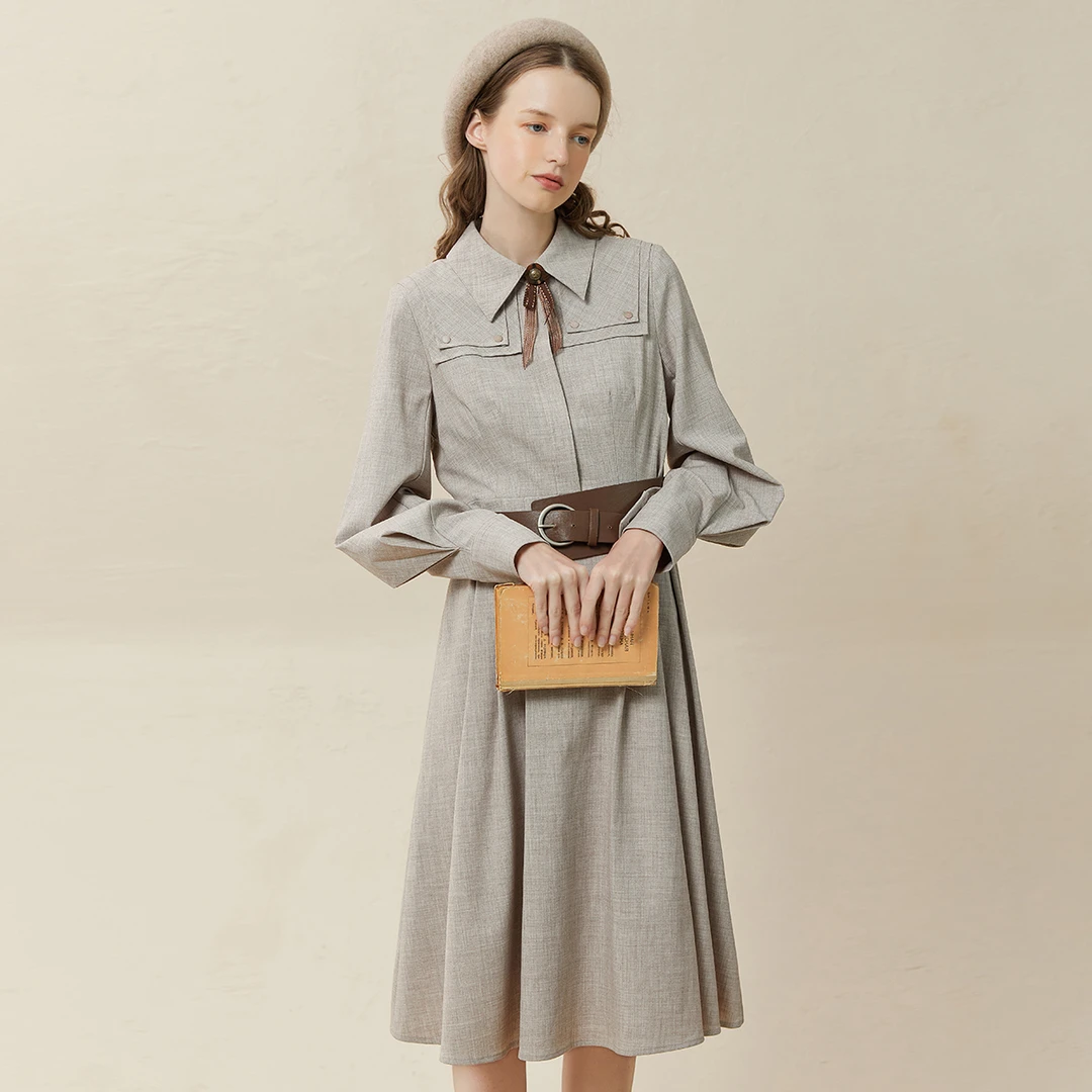 famecoco宽腰带时尚干练衬衫裙秋冬女翻领设计感连衣裙F228FA010