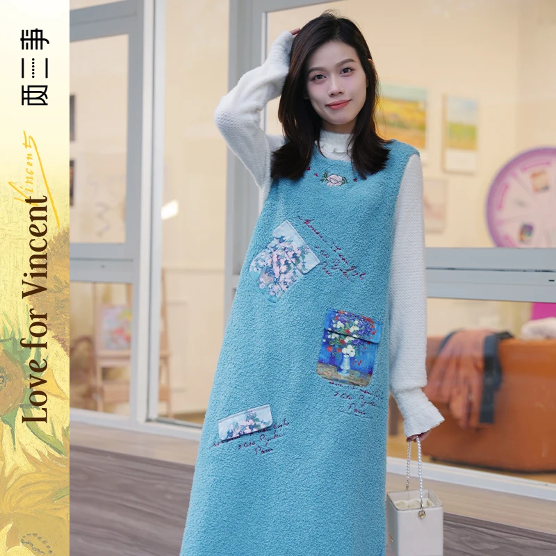 两三事梵高文艺梵忆绒花印花口袋无袖背心裙连衣裙