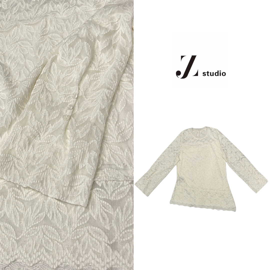 A1大码胖M气质蕾丝树叶侧开叉小衫网纱拼接圆领花边打底上衣