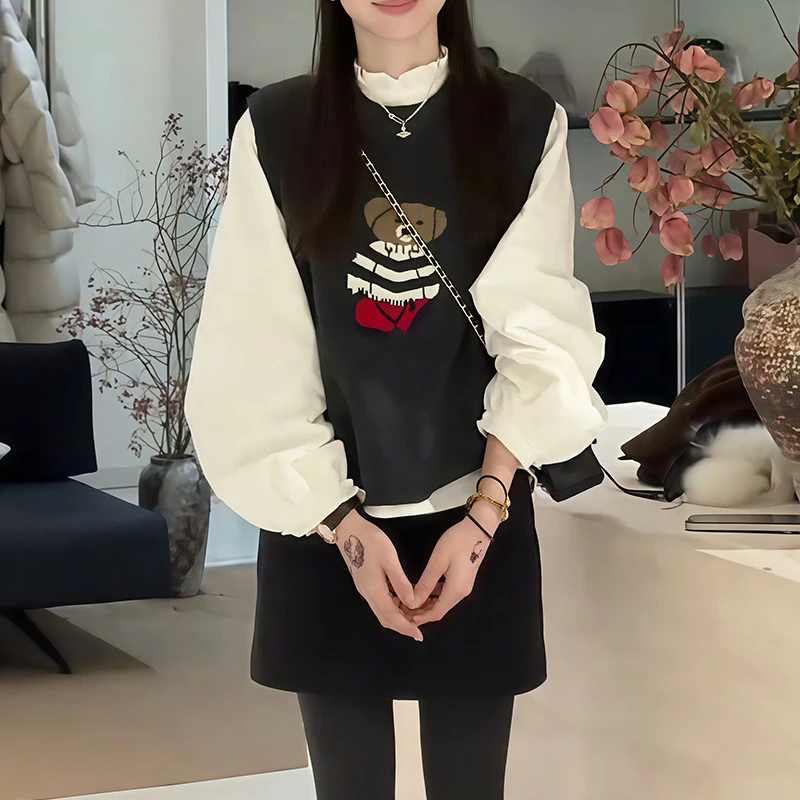 韩系气质少女风长袖衬衫圆领针织马甲女装2026春季新款叠穿两件套