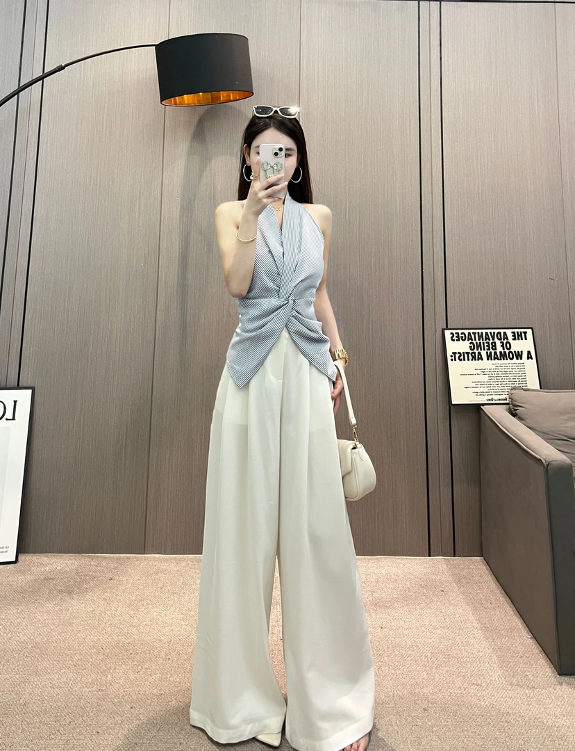 JIAMI【自在风雅】夏季条纹挂脖扭结上背心衣直筒阔腿裤套装X048